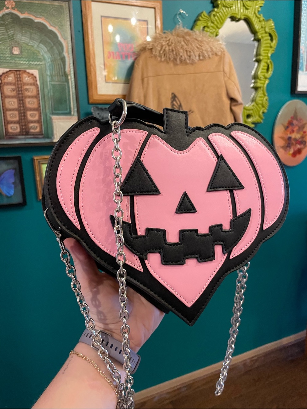 Pink Heart Pumpkin Mini Crossbody Bag with Silver Chain